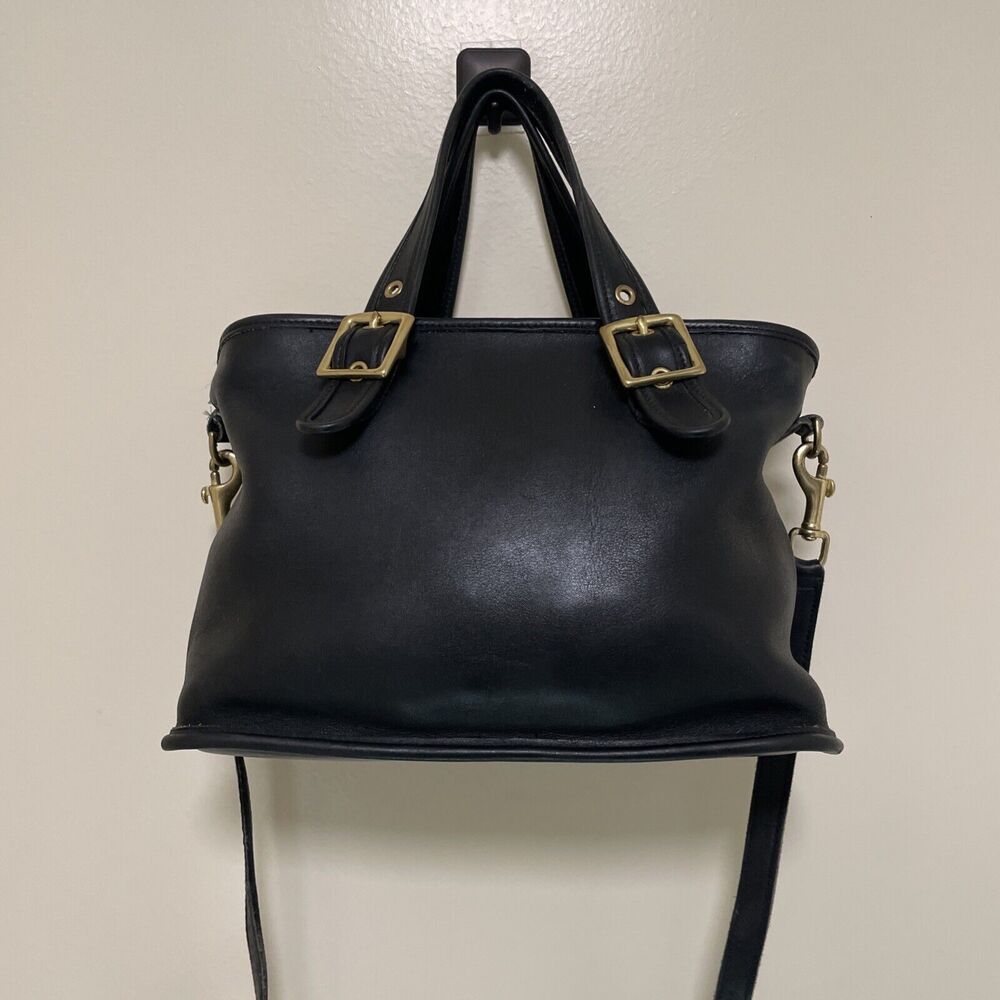 Coach Black Leather Crossbody Satchel with Brass Hardware